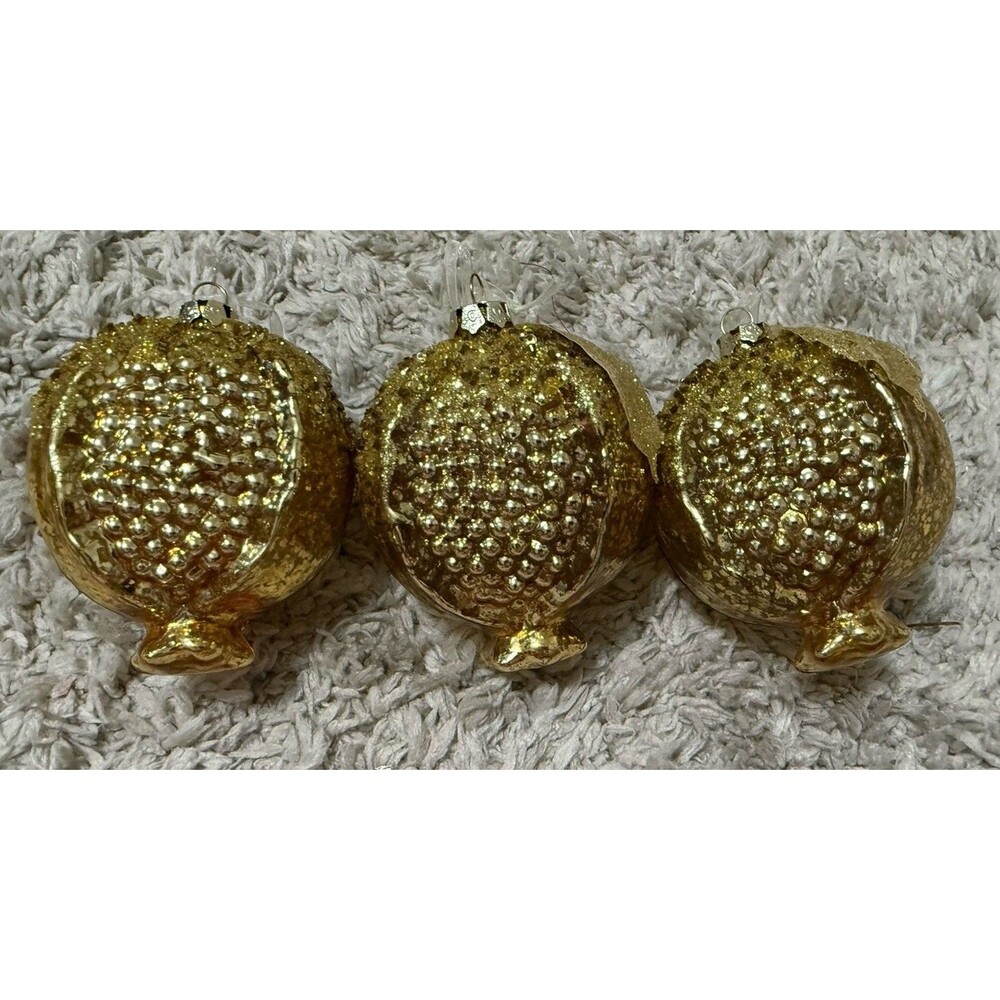 Vtg Large 3” Gold Glass Bumpy Fruit Christmas Ornaments X 3